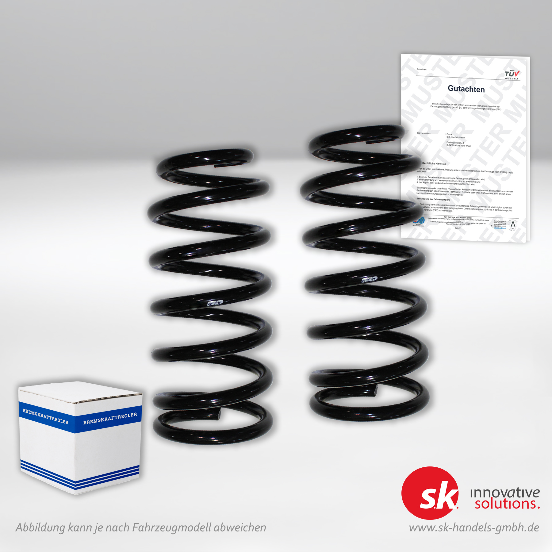 Set zur Auflastung bestehend aus Schraubenfedern, Bremskraftregler und Gutachten für Land Rover Defender ohne ABS